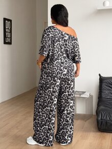 Coolane Women's Plus Size Summer Fall Streetwear Basic Daily Wear Going Out Sport Comfy Off Shoulder Leopard T-Shirt And Wide Leg Sweatpants Two Pieces - Grey - View 5