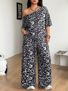 Coolane Women's Plus Size Summer Fall Streetwear Basic Daily Wear Going Out Sport Comfy Off Shoulder Leopard T-Shirt And Wide Leg Sweatpants Two Pieces - Grey - View 4