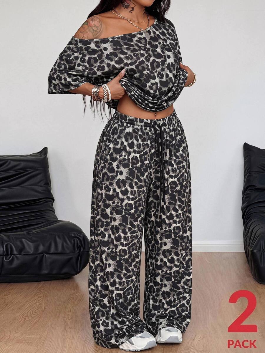 Coolane Women's Plus Size Summer Fall Streetwear Basic Daily Wear Going Out Sport Comfy Off Shoulder Leopard T-Shirt And Wide Leg Sweatpants Two Pieces