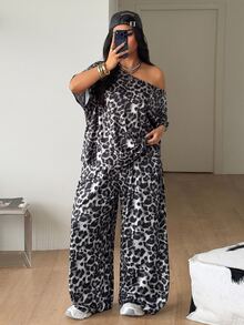 Coolane Women's Plus Size Summer Fall Streetwear Basic Daily Wear Going Out Sport Comfy Off Shoulder Leopard T-Shirt And Wide Leg Sweatpants Two Pieces - Grey - View 8