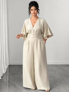 Elenzga Plus Size Women Solid Color Overlap V-Neck Batwing Sleeve Wide Leg Jumpsuit - Apricot - View 6
