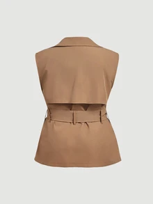 SHEIN MOD Women's Khaki Sleeveless Casual Loose Fit Jacket With Belt Fall - Khaki - View 6