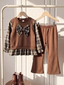 SHEIN Playful Pals 2件組幼女拼接上衣喇叭褲套裝，可愛甜美棕色蝴蝶結格紋下擺，長袖泡泡袖圓領，休閒派對秋季公主芭蕾風 - 棕色 - 查看 5