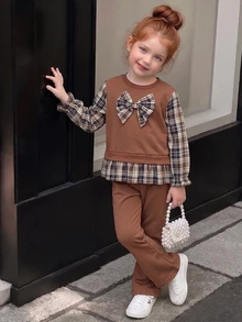 SHEIN Playful Pals 2件組幼女拼接上衣喇叭褲套裝，可愛甜美棕色蝴蝶結格紋下擺，長袖泡泡袖圓領，休閒派對秋季公主芭蕾風 - 棕色 - 查看 4