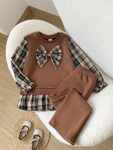 SHEIN Playful Pals 2件組幼女拼接上衣喇叭褲套裝，可愛甜美棕色蝴蝶結格紋下擺，長袖泡泡袖圓領，休閒派對秋季公主芭蕾風 - 棕色 - 查看 6