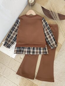 SHEIN Playful Pals 2件組幼女拼接上衣喇叭褲套裝，可愛甜美棕色蝴蝶結格紋下擺，長袖泡泡袖圓領，休閒派對秋季公主芭蕾風 - 棕色 - 查看 2