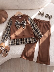 SHEIN Playful Pals 2件組幼女拼接上衣喇叭褲套裝，可愛甜美棕色蝴蝶結格紋下擺，長袖泡泡袖圓領，休閒派對秋季公主芭蕾風 - 棕色 - 查看 3