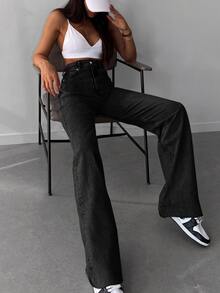 EURMUSE High Waisted Raw Hem Wide Leg Jeans - Black - View 4