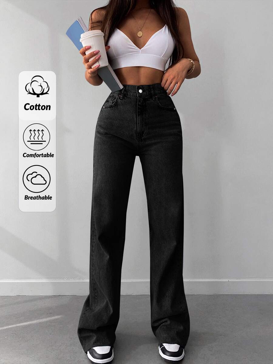EURMUSE High Waisted Raw Hem Wide Leg Jeans - Black - View 1