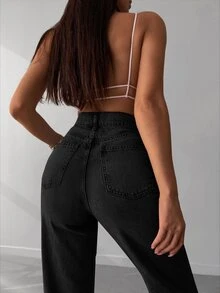 EURMUSE High Waisted Raw Hem Wide Leg Jeans - Black - View 5
