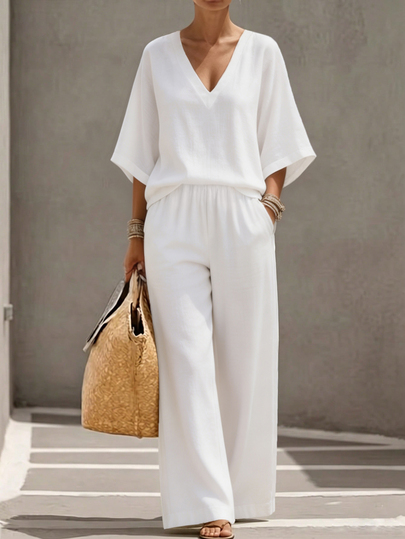 Balvessa Women's Summer Chic Bohemian Casual Resort Beach Daily Wear Soft White Cotton V-Neck Loose Mid Sleeve Top Elastic Waist Wide Leg Pants Two Piece Set