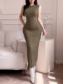 Feyla 2件組女款秋冬優雅素色立領麻花針織無袖洋裝 + 長袖針織開襟外套套裝 - 駝色 - 查看 6