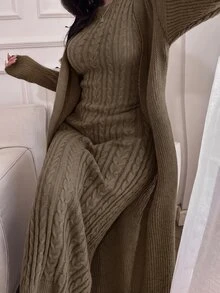 Feyla 2件組女款秋冬優雅素色立領麻花針織無袖洋裝 + 長袖針織開襟外套套裝 - 駝色 - 查看 3