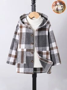 SHEIN 男童時尚單件外套，學院休閒風粗格紋梭織連帽夾克，簡約優雅鈕扣設計，適合秋季與聖誕節 - 灰色 - 查看 10