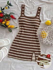 Soleia Casual Minimalist Style Faux Mechanical Striped Brown & White U-Neck Backless Mini Dress, Suitable For Summer Vacation - Multicolor - View 1