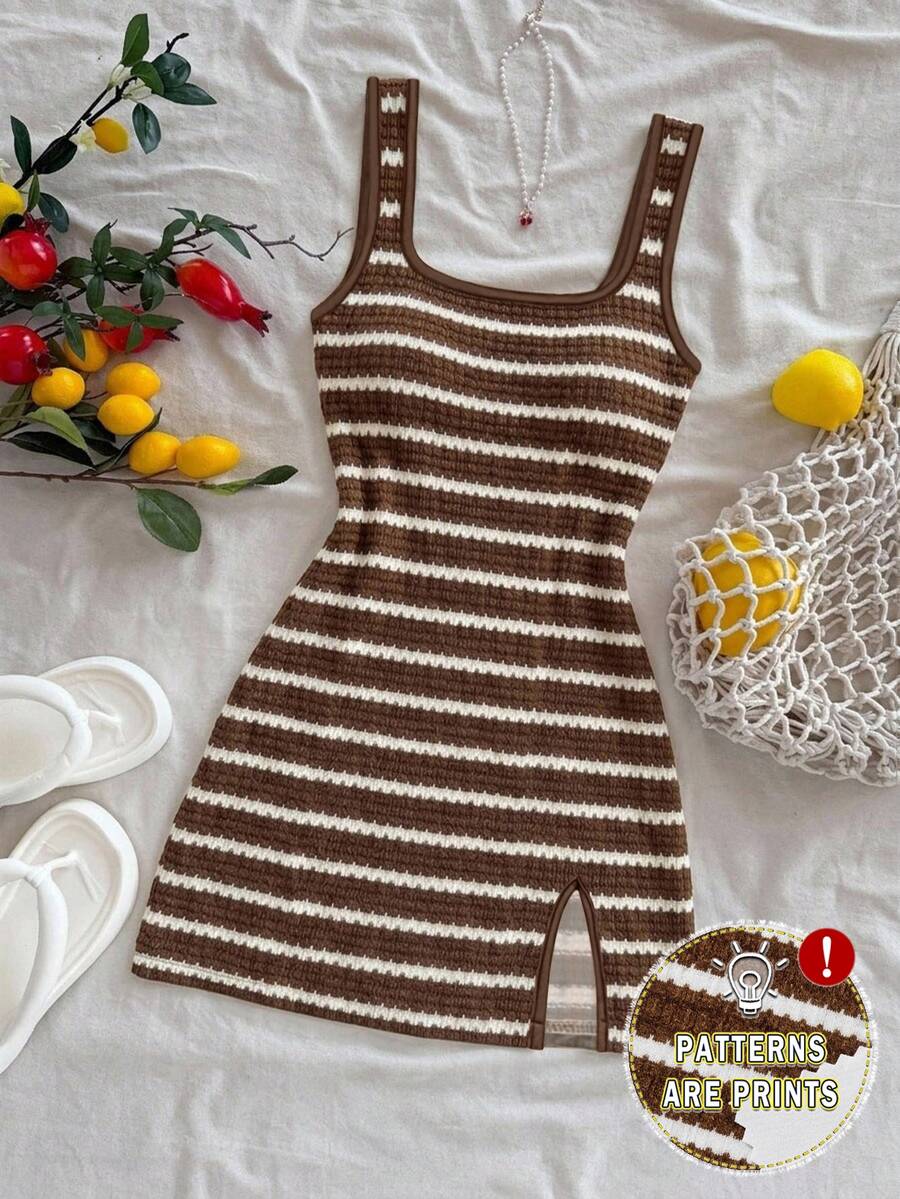 Soleia Casual Minimalist Style Faux Mechanical Striped Brown & White U-Neck Backless Mini Dress, Suitable For Summer Vacation - Multicolor - View 1