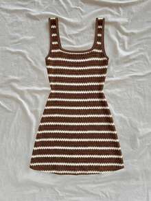 Soleia Casual Minimalist Style Faux Mechanical Striped Brown & White U-Neck Backless Mini Dress, Suitable For Summer Vacation - Multicolor - View 2