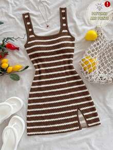 Soleia Casual Minimalist Style Faux Mechanical Striped Brown & White U-Neck Backless Mini Dress, Suitable For Summer Vacation - Multicolor - View 3
