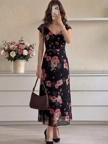 Cévolie 優雅印花無袖V領中長洋裝，法式風格，適合女性日常通勤 - 彩色 - 查看 5