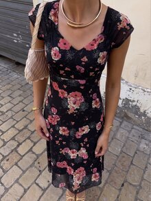 Cévolie 優雅印花無袖V領中長洋裝，法式風格，適合女性日常通勤 - 彩色 - 查看 1