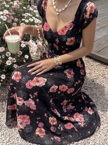 Cévolie 優雅印花無袖V領中長洋裝，法式風格，適合女性日常通勤 - 彩色 - 查看 2