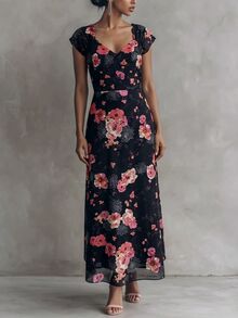 Cévolie 優雅印花無袖V領中長洋裝，法式風格，適合女性日常通勤 - 彩色 - 查看 4