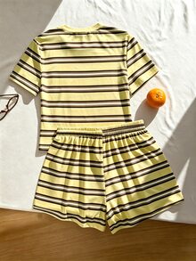SHEIN Teen Girls Summer Casual Striped T-Shirt & Shorts Set - Yellow - View 2