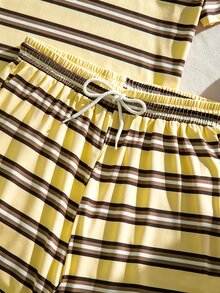 SHEIN Teen Girls Summer Casual Striped T-Shirt & Shorts Set - Yellow - View 3