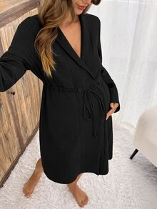 Slowluna Bata de maternidad sencilla con botones y lazo, manga larga, ropa de maternidad - Negro - Ver 2