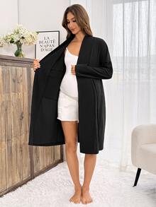 Slowluna Bata de maternidad sencilla con botones y lazo, manga larga, ropa de maternidad - Negro - Ver 6