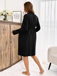 Slowluna Bata de maternidad sencilla con botones y lazo, manga larga, ropa de maternidad - Negro - Ver 8