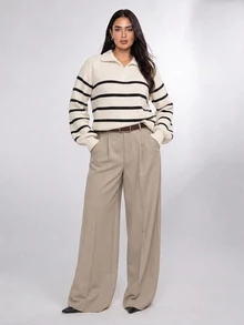 Dazy Plus Colorblock Striped Half-Button Front Loose Long Sleeve Pullover Sweater, Casual Autumn/Winter - Apricot - View 3