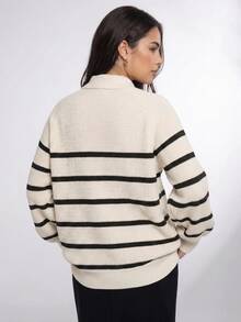 Dazy Plus Colorblock Striped Half-Button Front Loose Long Sleeve Pullover Sweater, Casual Autumn/Winter - Apricot - View 8