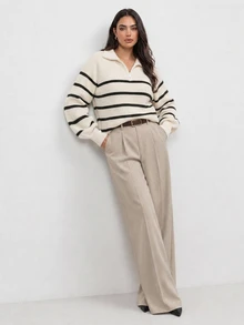 Dazy Plus Colorblock Striped Half-Button Front Loose Long Sleeve Pullover Sweater, Casual Autumn/Winter - Apricot - View 4