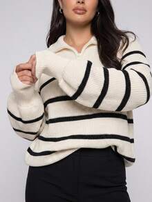 Dazy Plus Colorblock Striped Half-Button Front Loose Long Sleeve Pullover Sweater, Casual Autumn/Winter - Apricot - View 7