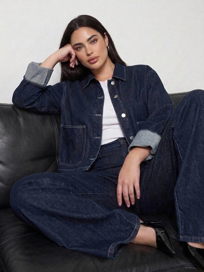 Dazy Plus Conjunto casual de denim para blogger con top de cuello solapa y bolsillo grande & pantalones largos casuales, nuevo para otoño/invierno