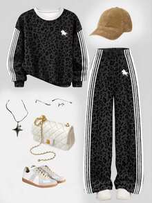 Kids Tween Girl 1pc Leopard Print Contrast Side Stripe Drop Shoulder Pullover & 1pc Pants - White - View 10