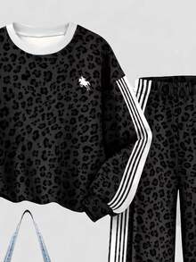 Kids Tween Girl 1pc Leopard Print Contrast Side Stripe Drop Shoulder Pullover & 1pc Pants - White - View 11