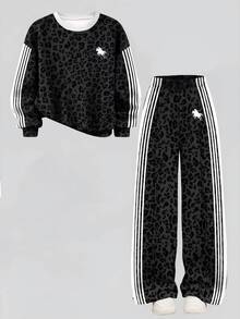Kids Tween Girl 1pc Leopard Print Contrast Side Stripe Drop Shoulder Pullover & 1pc Pants - White - View 7