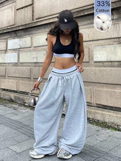 Coolane Pantalon long à jambes larges pour femmes, taille à cordon de serrage, décontracté et polyvalent pour un port quotidien
