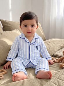 SHEIN 男嬰刺繡條紋單排扣上衣與長褲居家休閒套裝 - 彩色 - 查看 1