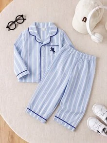 SHEIN 男嬰刺繡條紋單排扣上衣與長褲居家休閒套裝 - 彩色 - 查看 9