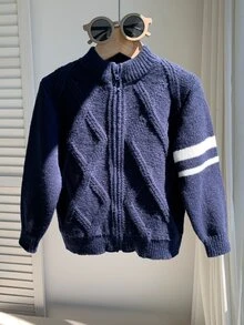 SHEIN 兒童小男孩休閒韓系百搭開襟針織開襟毛衣，適合學校、日常穿著、休閒、大學、旅行、運動，秋冬款 - 藍色 - 查看 3