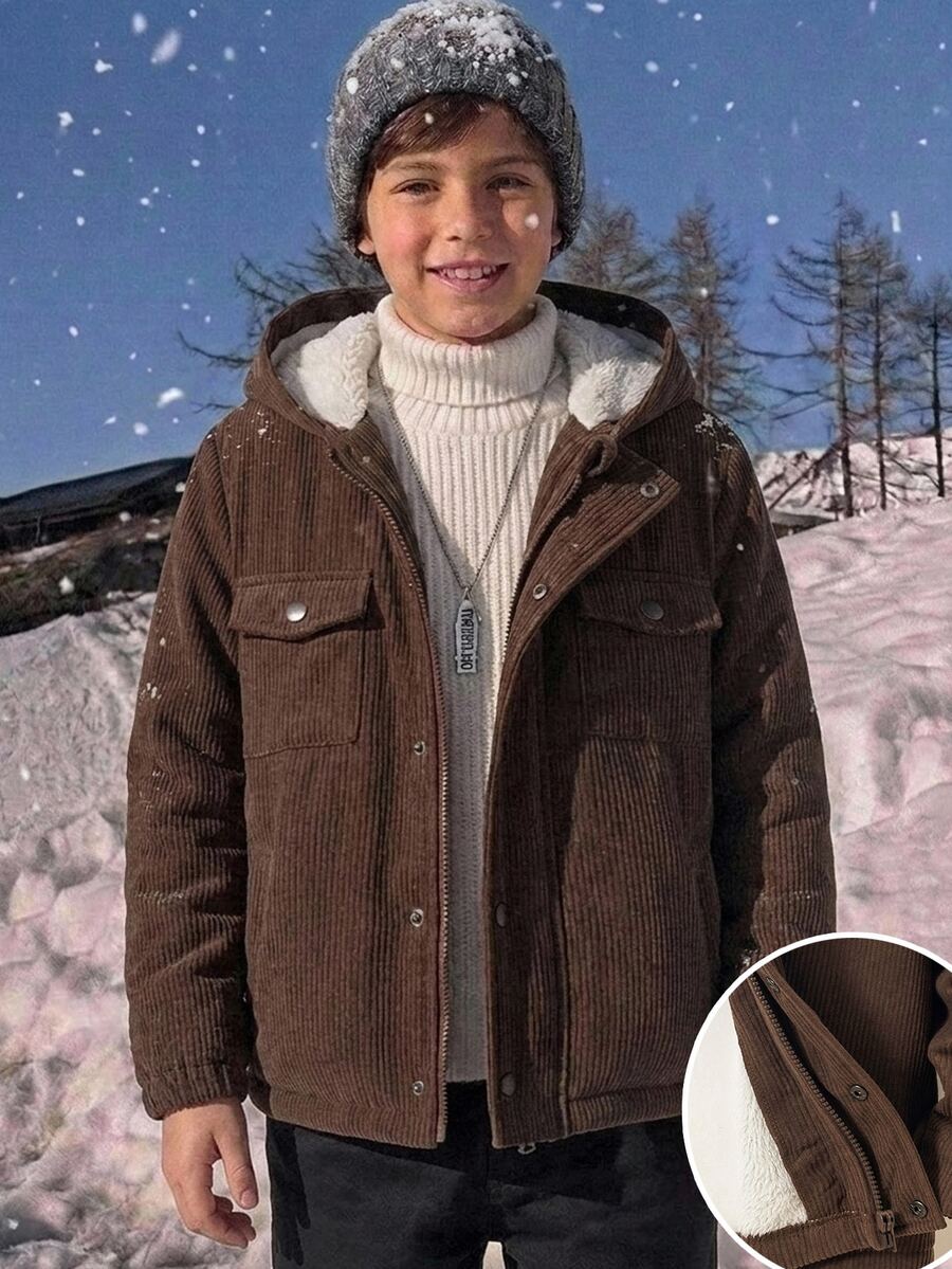 SHEIN Boys' Basic Casual Corduroy Hooded Fleece Jacket Winter - Brown - View 1