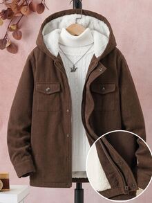 SHEIN Boys' Basic Casual Corduroy Hooded Fleece Jacket Winter - Brown - View 3