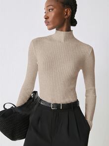 YARNWELL 女款素色小立領長袖修身保暖內搭針織衫 - 卡其色 - 查看 7