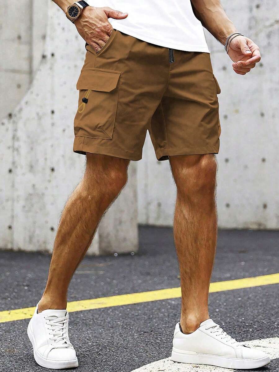 Manfinity Homme Loose Fit Men's Flap Pocket Side Drawstring Waist Cargo Shorts - Camel - View 1
