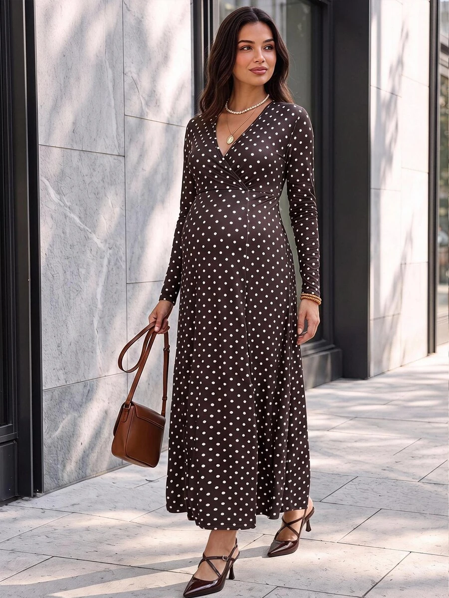 SHEIN 孕婦波點V領哺乳功能休閒日常穿著洋裝 - 棕色 - 查看 1