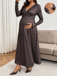 SHEIN 孕婦波點V領哺乳功能休閒日常穿著洋裝 - 棕色 - 查看 5