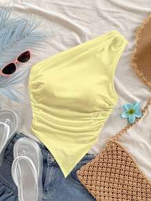 Soleia Pale Yellow Asymmetric Hem Shoulder Off Top, Suitable For Summer Vacation - Yellow - View 3